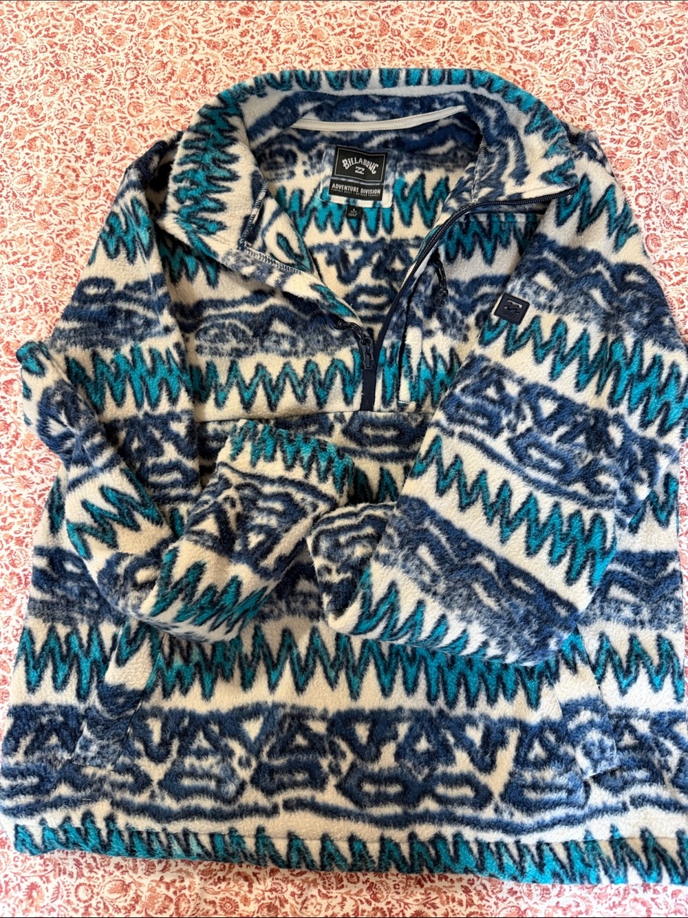 Billabong Cream, Navy & Teal Patterned Quarter-Zip Pullover